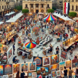 DALL·E 2024-08-01 11.23.48 - A vibrant scene from an art festival in Cairo, showcasing various artistic performances and displays. The area is filled with colorful booths and stag