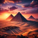 DALL·E 2024-08-01 11.46.36 - A majestic view of the pyramids in Giza, Cairo, during sunset. The pyramids stand tall against a backdrop of a colorful sky with hues of orange, pink,