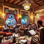 DALL·E 2024-08-02 14.37.01 - A serene scene in a traditional Cairo café, featuring a poet reading his work to an attentive audience. The poet is seated at a small table with a not