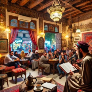 DALL·E 2024-08-02 14.37.01 - A serene scene in a traditional Cairo café, featuring a poet reading his work to an attentive audience. The poet is seated at a small table with a not