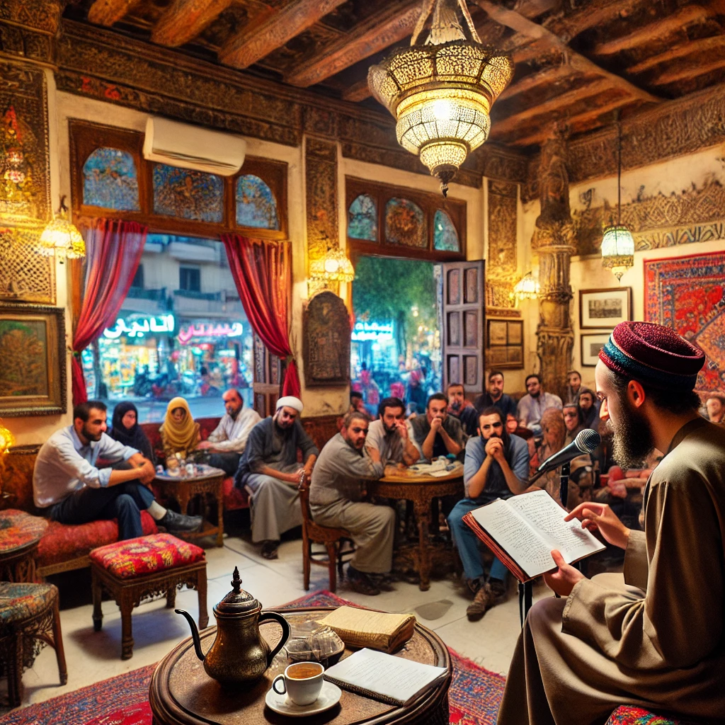 DALL·E 2024-08-02 14.37.01 - A serene scene in a traditional Cairo café, featuring a poet reading his work to an attentive audience. The poet is seated at a small table with a not