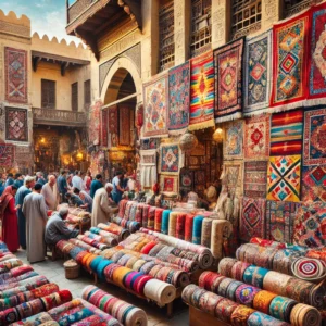 DALL·E 2024-08-02 14.38.55 - A colorful scene in a Cairo market, showcasing a variety of traditional Egyptian fabrics. The stalls are filled with vibrant textiles, including handw