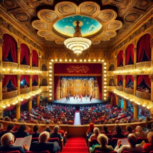 DALL·E 2024-08-03 09.22.47 - A vibrant scene inside a traditional theater in Cairo, featuring a live performance on stage. The theater is elegantly decorated with red velvet curta